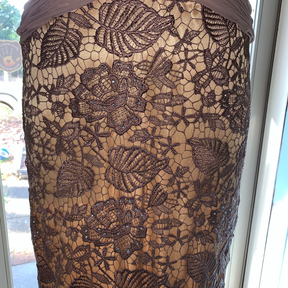 NWOT GLS Apparel Large Beaded Mocha Lace Nude Lined Mermaid Gown Cap Sleeves - Picture 7 of 15